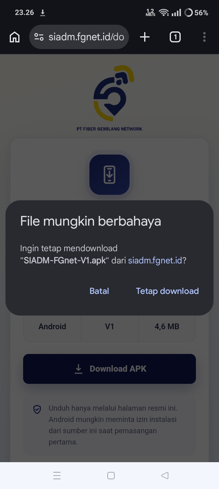 Peringatan download APK dengan pilihan Tetap download