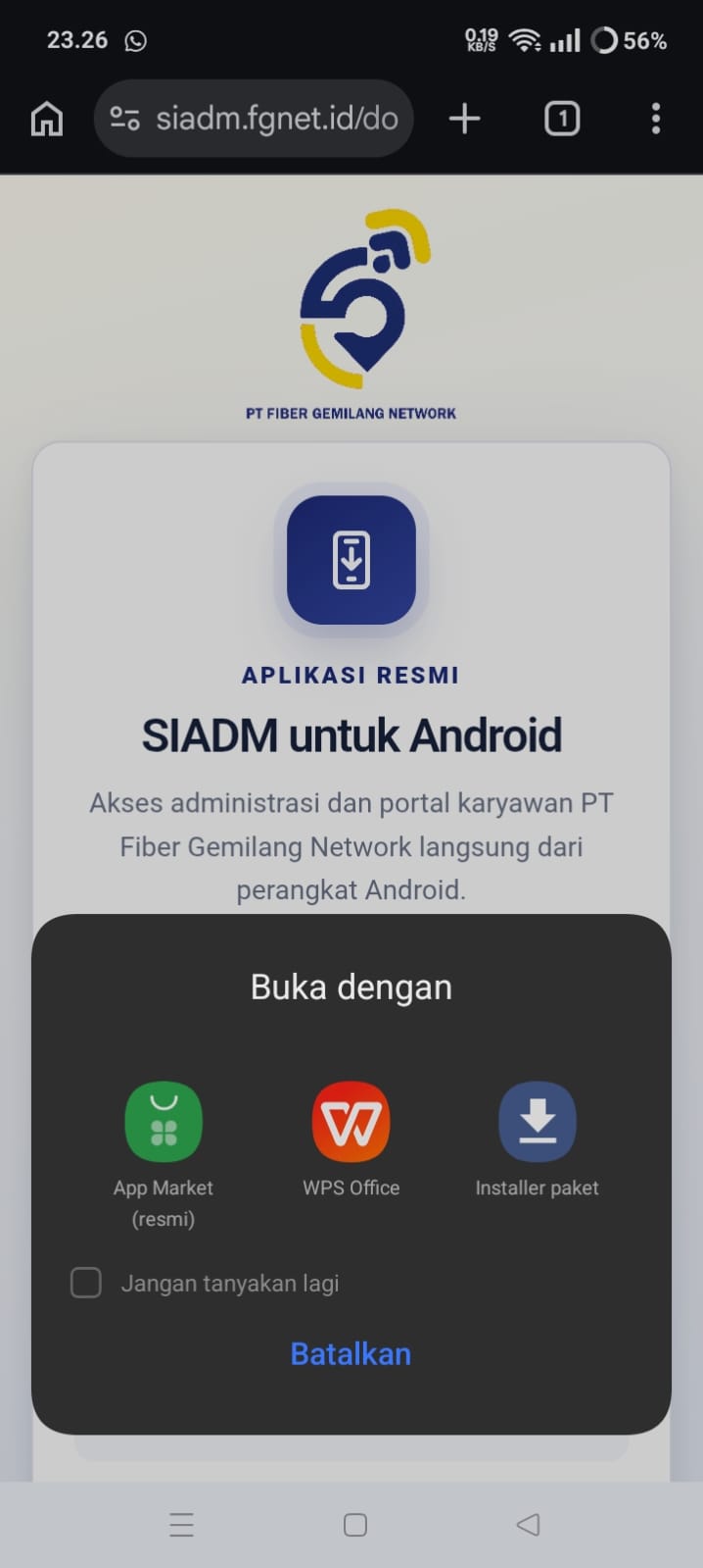 Pilihan aplikasi untuk membuka APK dan opsi Installer paket