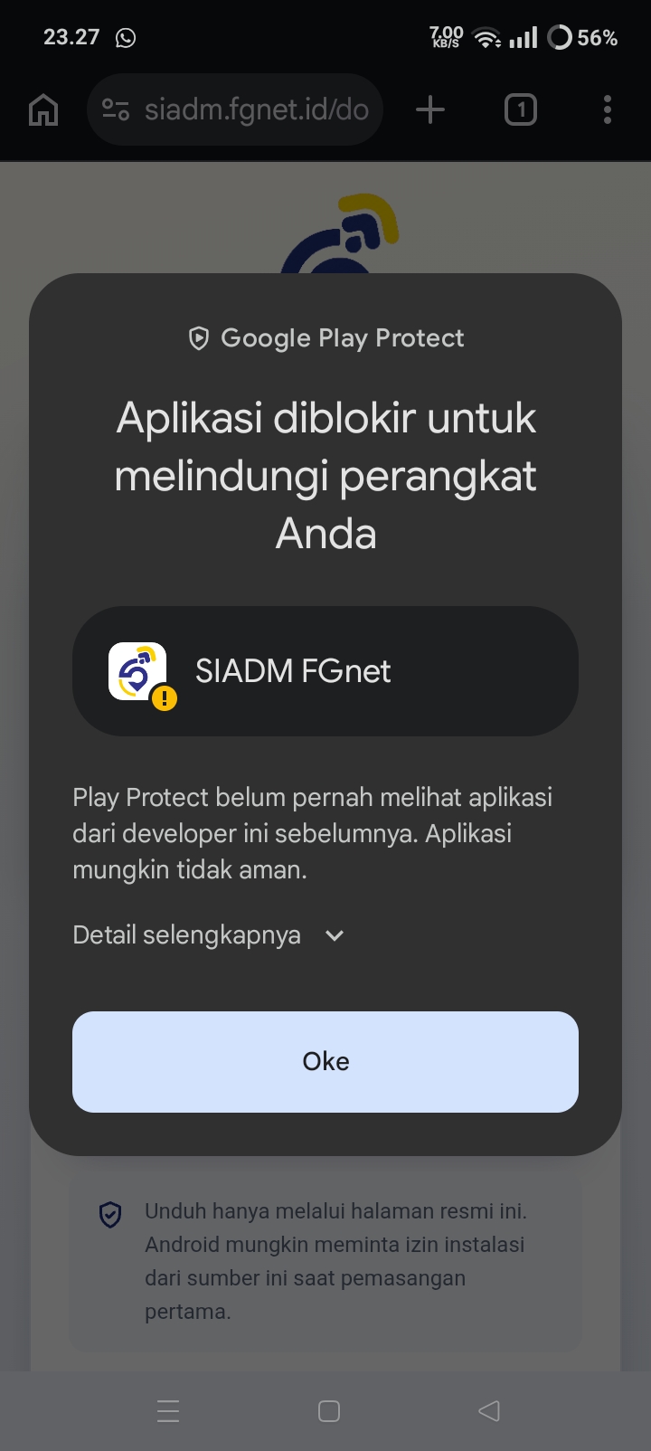 Peringatan Google Play Protect dengan menu Detail selengkapnya
